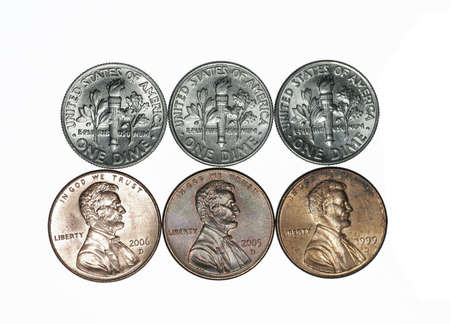 Several US American Coins On A White Background, Moneyの写真素材