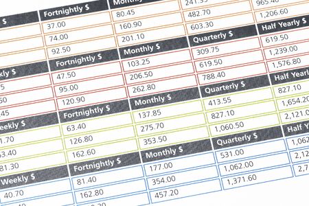 Colourful Data Table Of Financial Figures, Insurance Premiums, Payments