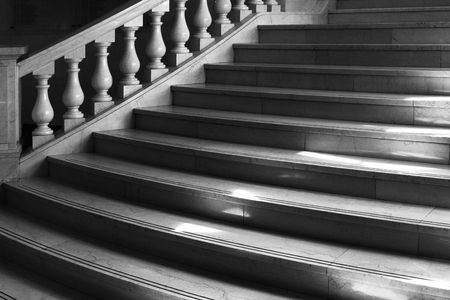 Round Marble Stairs With Classical Coloumn Railing, Window Loght, Black & Whiteの写真素材