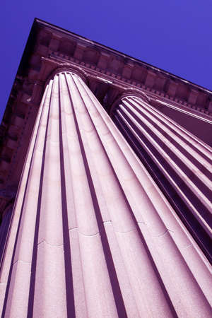 Steep View Of Classical Columns, Pillar, Architecture, Building, Roof (Blue Tone)の写真素材
