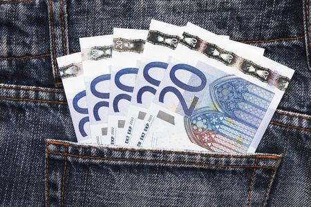 Pocket Money In Blue Jeans - Five Twenty Euro Notesの写真素材