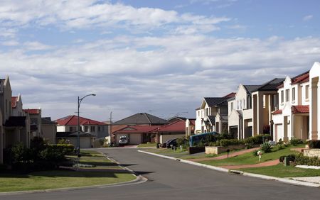Suburban Street With New Modern Houses In A Sydney Suburb On A Sunny Summer Day, Australia