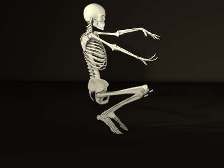 3D rendered skeleton dancing in front of black backgroundの写真素材
