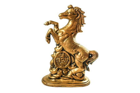 Bronze metal Horse statue stepping on money isolatedの写真素材