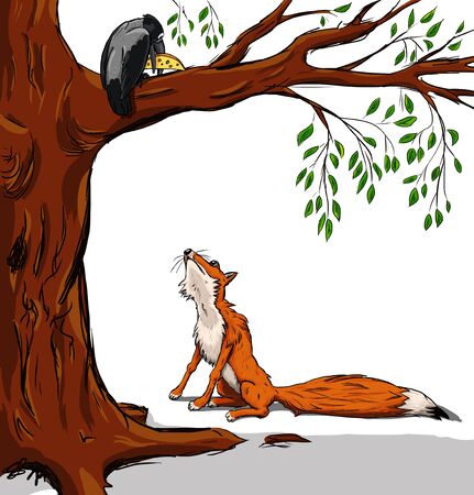 Illustration of crow with the cheese and the fox. Cartoon from a fable on white backgroundの写真素材