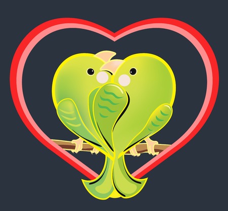 illustration of a love couple of green parrots. The romantic cartoon budgerigars sitting on a branch. Exotic enamored birds in a heart shape on dark background.のイラスト素材