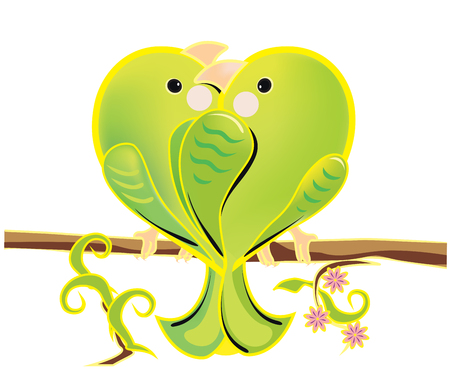 illustration of a love couple of green parrots. The romantic cartoon budgerigars sitting on a branch. Bright enamored birds on white background.のイラスト素材