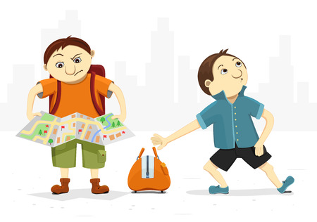 illustration of a traveler with a map and a burglar. A thief steals a bug from a bewildered tourist. Funny cartoon characters.のイラスト素材