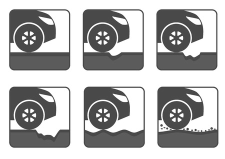 icon set of bad road. Different dangers and troubles on the way: hole, crack, waves or pit on asphalt, stones. Isolated, black and white.のイラスト素材