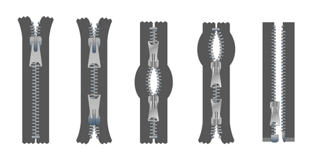 set of zippers and fastener. Schematic isolated illustration of different types of zippers in a closed and opened positions. Metal or plastic clasps. Clothes accessory.のイラスト素材