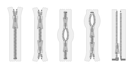 set of zippers and fastener. Schematic isolated illustration of different types of zippers in a closed and opened positions. Metal or plastic clasps. Clothes accessory.のイラスト素材