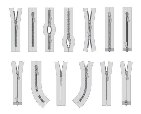 set of zippers and fastener. Schematic isolated illustration of different types of zippers in a closed and opened positions. Metal or plastic clasps. Clothes accessory.のイラスト素材