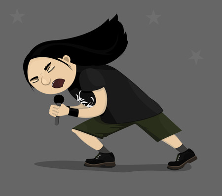 Vector illustration of funny singing rock star. Heavy metal, band person, comic cartoon character in black. Brutal musician.のイラスト素材