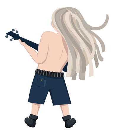 Vector illustration of playing rock guitarist from the back. Heavy metal, Rear view of band person, comic cartoon character. Isolated backside view of Handsome blonde musician.のイラスト素材