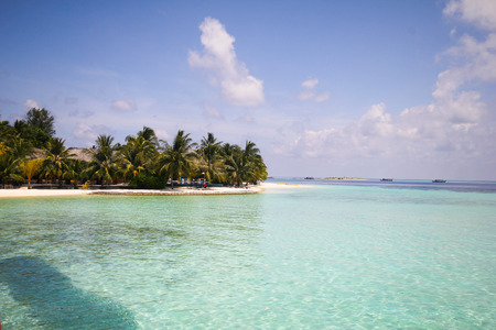 View of vilamendhoo island at the water bungalows side in the Indian Ocean, Maldivesの写真素材