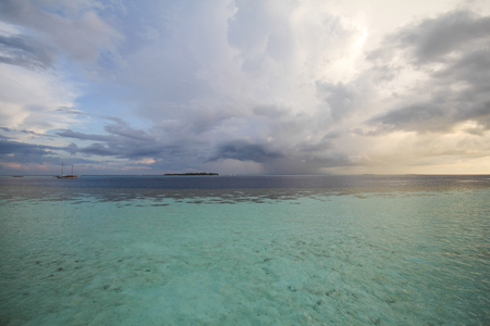 View of vilamendhoo island at the water bungalows side in the Indian Ocean, Maldivesの写真素材