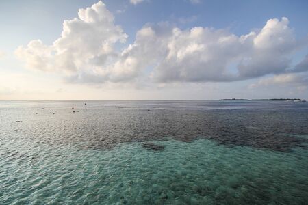 View of vilamendhoo island at the water bungalows side in the Indian Ocean, Maldivesの写真素材