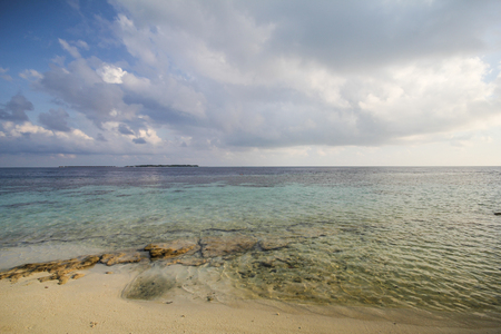 View of vilamendhoo island at the water bungalows side in the Indian Ocean, Maldivesの写真素材