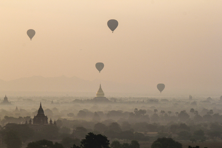 Beautiful sunrise and landscape view of Bagan from Shwesandaw Pagoda, Bagan, Myanmarの写真素材