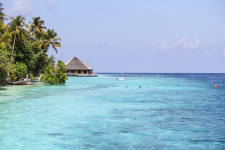 View of vilamendhoo island at the water bungalows side in the Indian Ocean, Maldivesのeditorial素材