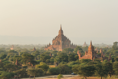 Beautiful sunset and landscape view of Bagan from Shwesandaw Pagoda, Bagan, Myanmarの写真素材