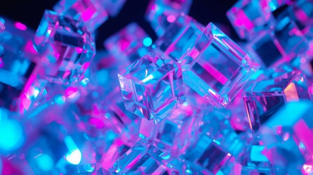 Ice cubes in blue light, close-up, macro shot.の素材