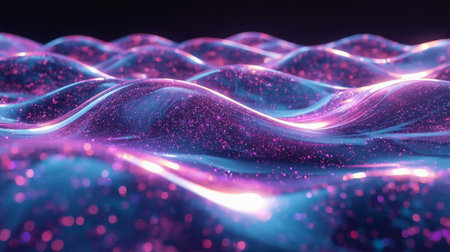 Abstract 3d rendering of wavy surface with glowing particles. Futuristic background with bokeh effect.の素材