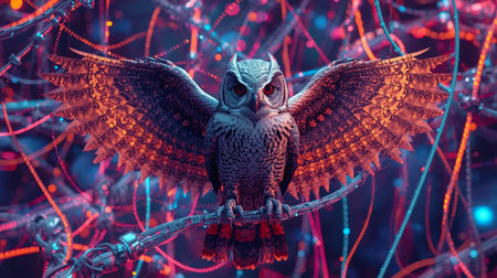 Owl on a branch with lights in the background. Christmas decoration.の素材