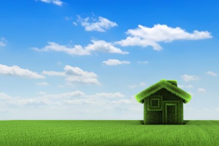 Grass house on a grass field, front view, 3d renderingの写真素材