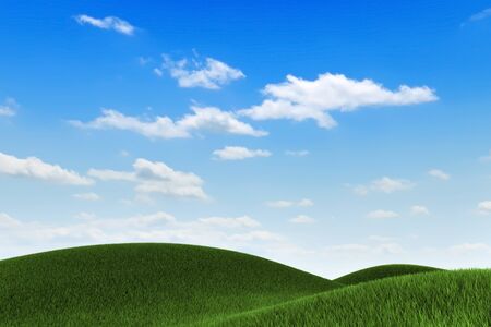 Field of green grass and blue sky with clouds, 3D renderingの写真素材