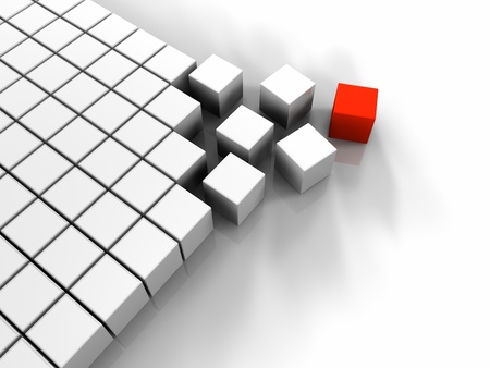 Many white cubes and one red, abstract renderingの写真素材
