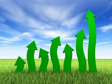 Green chart growing on grass field, blue sky and cloudsの写真素材