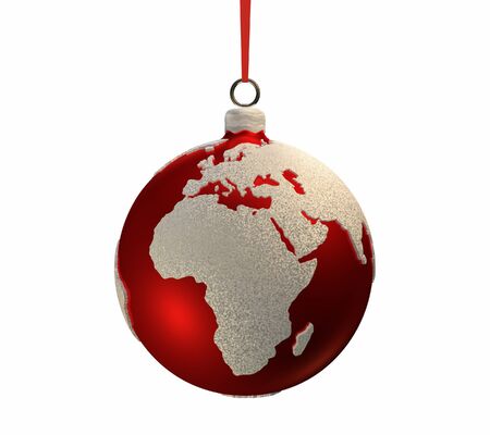 Christmas red bulb decorated with the shape of continents, Europe and Africa, 3d renderの写真素材