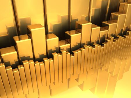 Gold charts - various diagrams on reflect floor, 3d renderの写真素材