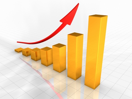 Growing gold graph with a red arrow pointing upwardの写真素材