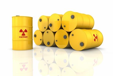 Stack of yellow barrels with red radioactivity symbols, 3d renderの写真素材