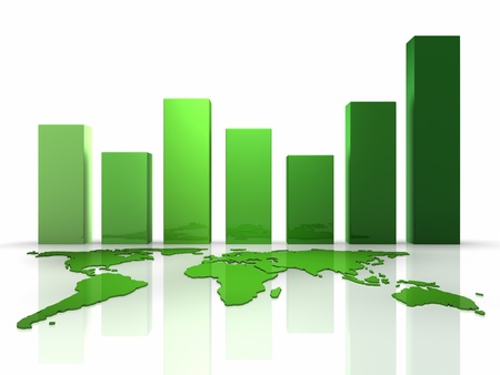 Green business graph with continents, 3d renderの写真素材