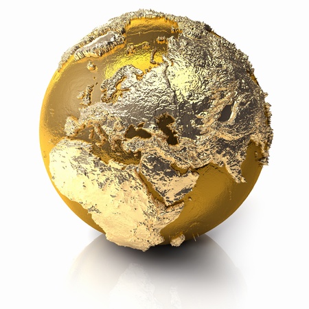 Gold globe with realistic topography and light reflections, metal earth - europe, 3d renderの写真素材