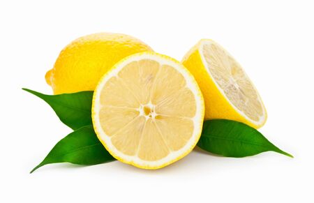 Fresh juicy lemons with green leaves on white backgroundの写真素材