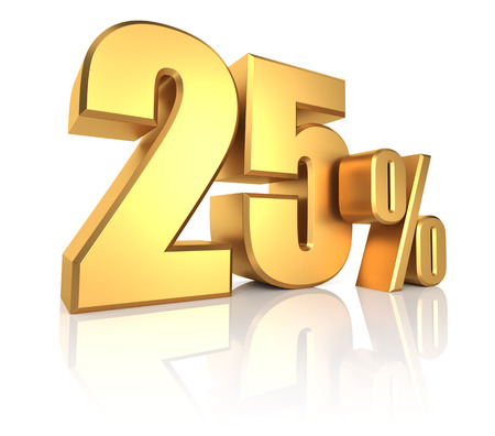 3D rendering of 25 percent in gold metal letters on white background with shadowの写真素材