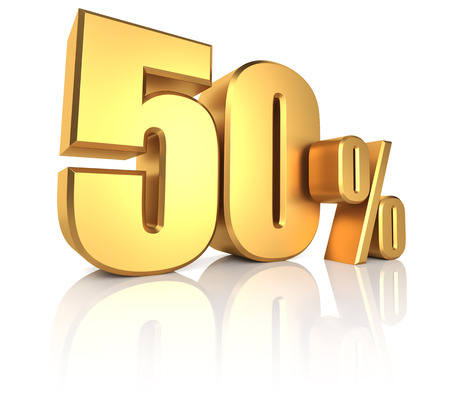 50 percent on white background. 3d rendering gold metal discountの写真素材