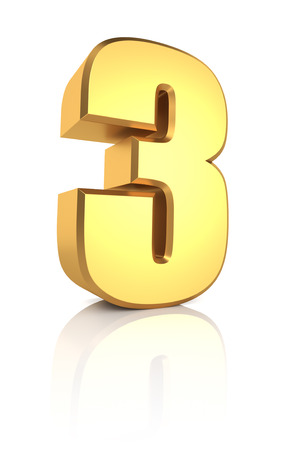 3d rendering golden number 3 isolated on white backgroundの写真素材