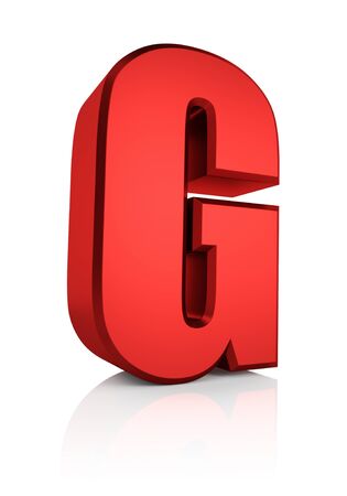 G letter. Red letter on reflective floor. White background. 3d renderの写真素材