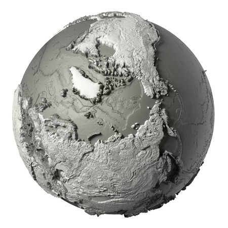 Globe model with detailed topography without water. North Pole. 3d rendering isolated on white background. Elements of this image furnished by NASAの写真素材