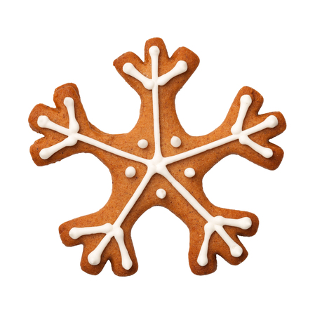 Gingerbread snowflake cookie isolated on white background. Top viewの写真素材