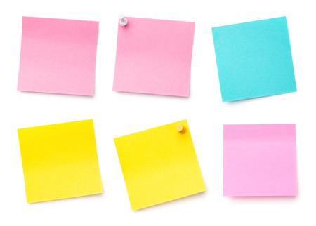 Sticky Post Note Paper Isolated on White Background. Pastel colors. Copy space. Top viewの写真素材