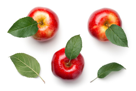 Red apples with green leaves isolated on white background. Gala apple. Top viewの写真素材