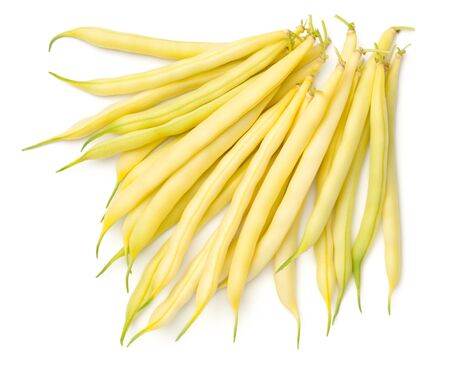 Yellow string beans isolated on white background. Top view, flat layの写真素材