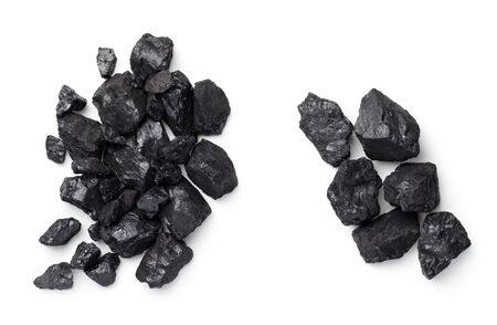 Black coal pile isolated on white background. Top view, flat layの写真素材