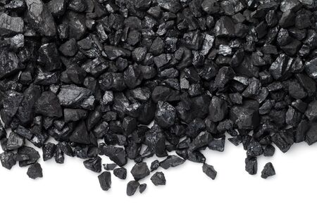 Black coal isolated on white background. Pea coal. Copy space, top view, flat layの写真素材